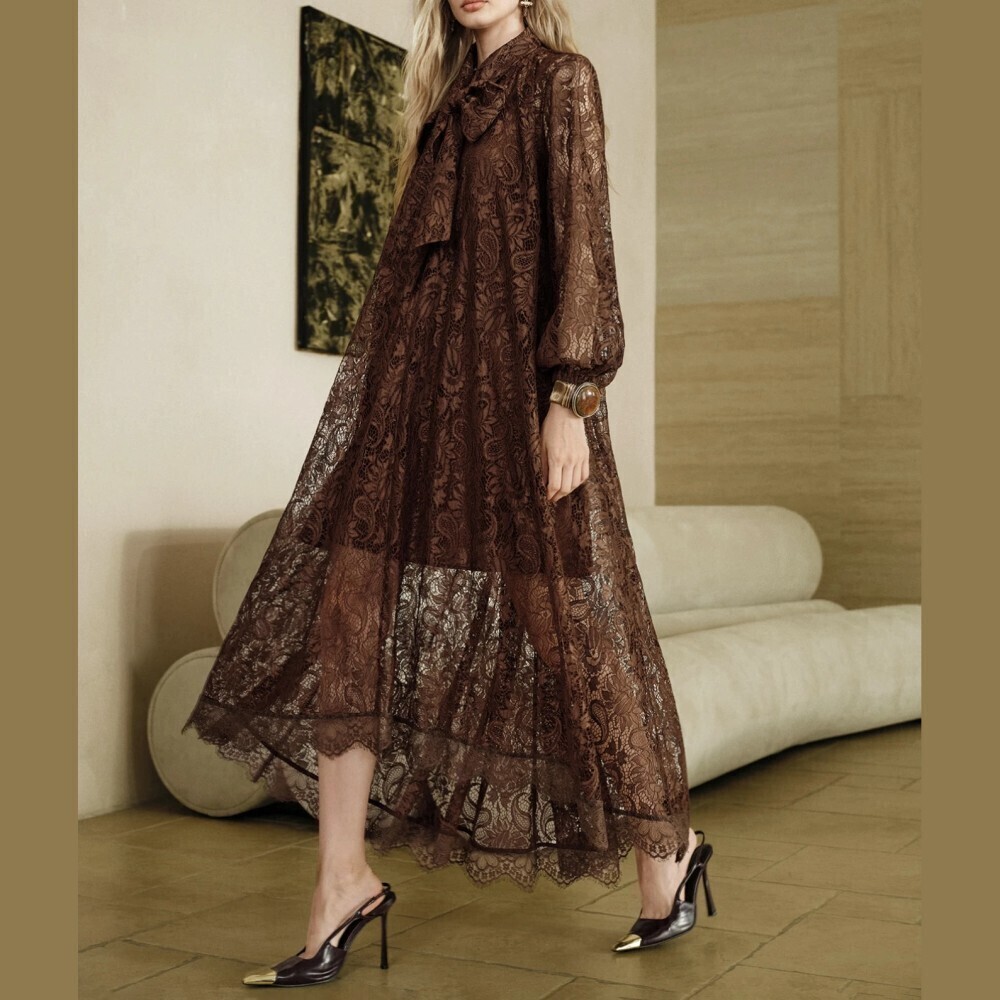 Brown Lace Tie Neck Long Sleeve Scalloped Hem Oversized Maxi Dress